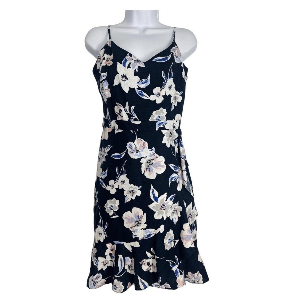 Banana Republic Women's Navy Sz: 4 Faux Wrap Floral Cotton Linen Dress